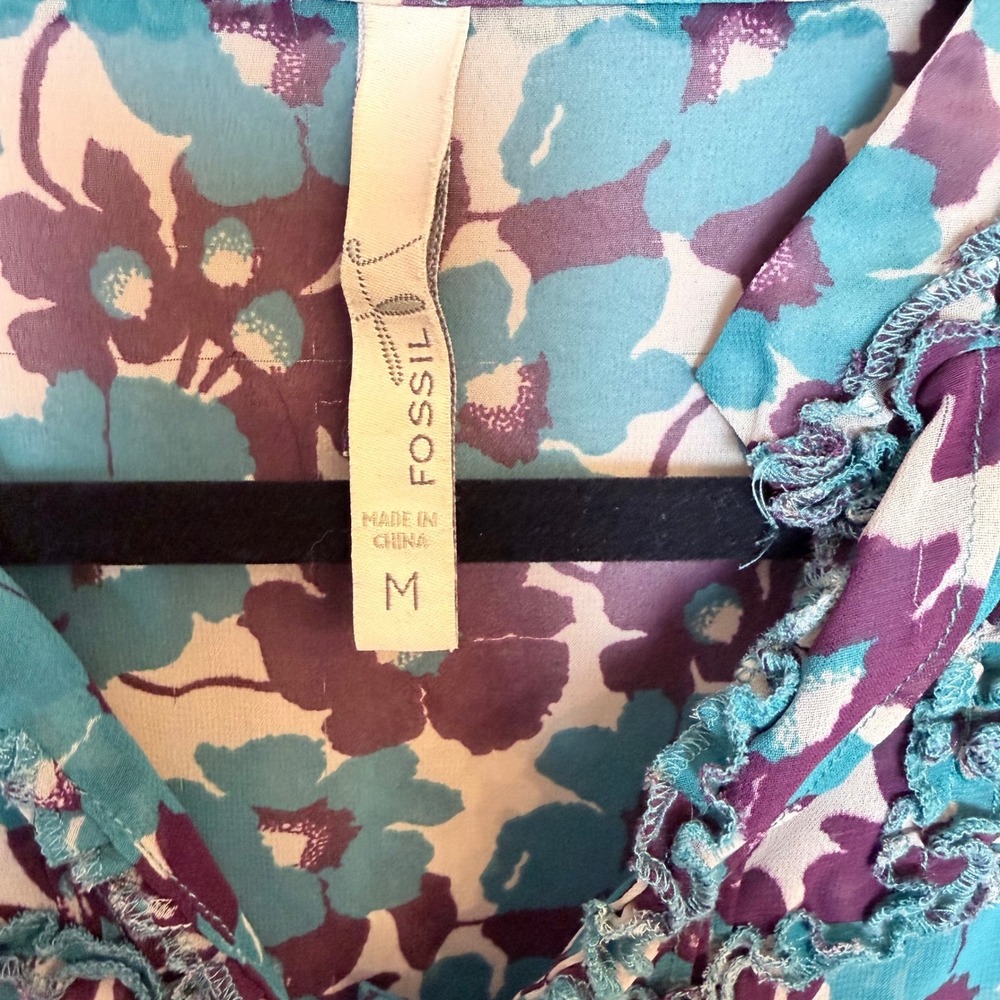 Fossil Womens Teal Purple Floral Sheer Ruffle V-Neck Blouse Top Size M - Picture 3 of 6